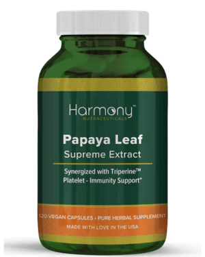 papaya leaf extract in a gree bottle